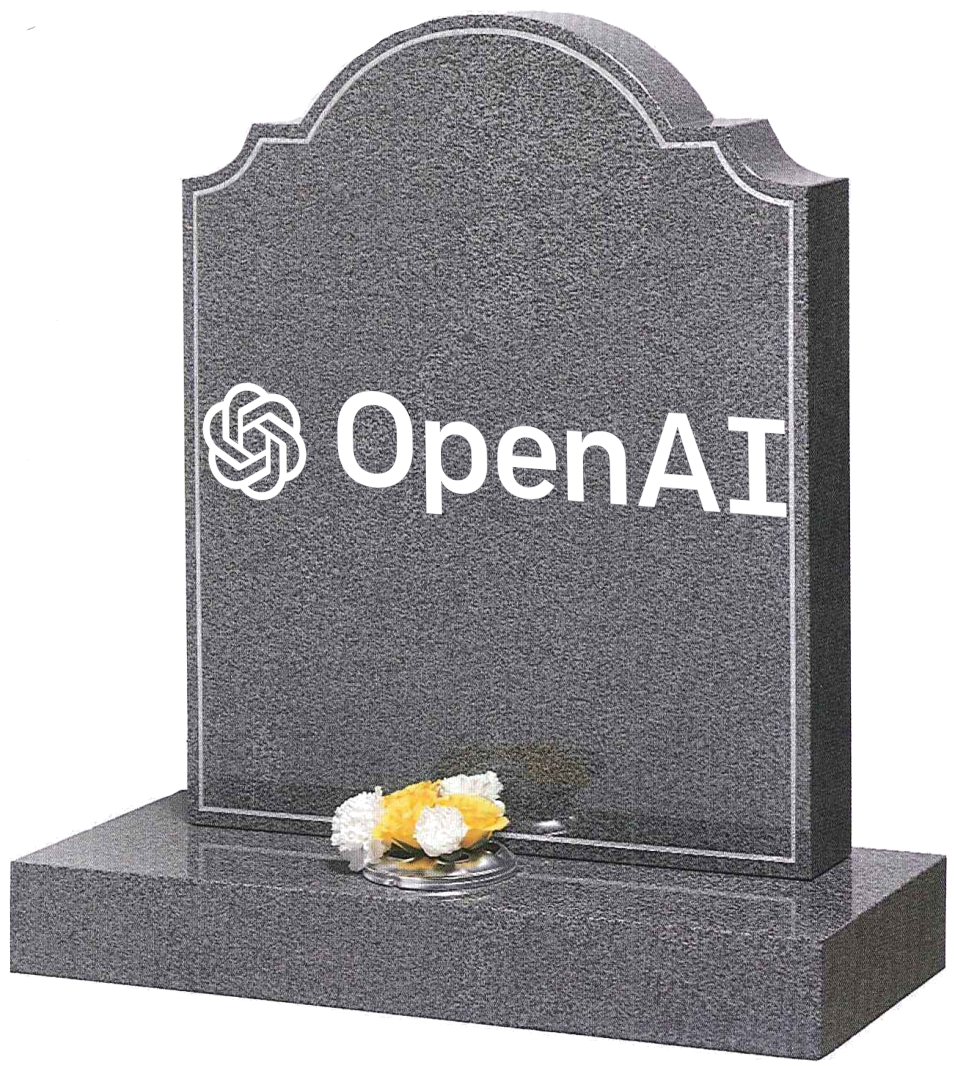 Image transparente d'une tombe sur laquelle est le logo d'OpenAI. L'image est volontairement très mal détourée.